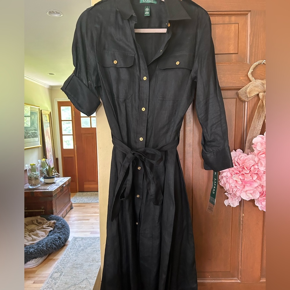NWT black linen Ralph Lauren dress with gold buttons